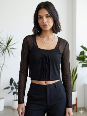ARDENE SHEER BLACK MESH TOP LONG SLEEVE TIE FRONT CROPPED Y2K